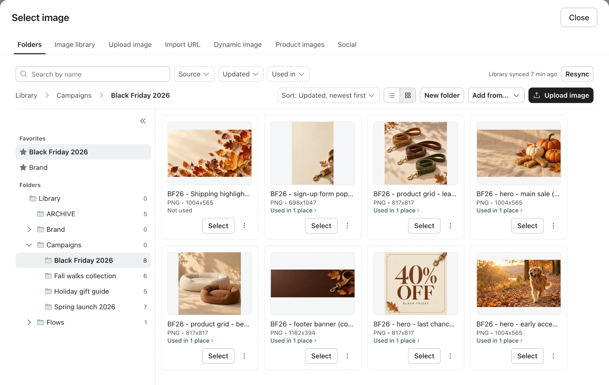 A Black Friday campaign folder inside Klaviyo's image picker
