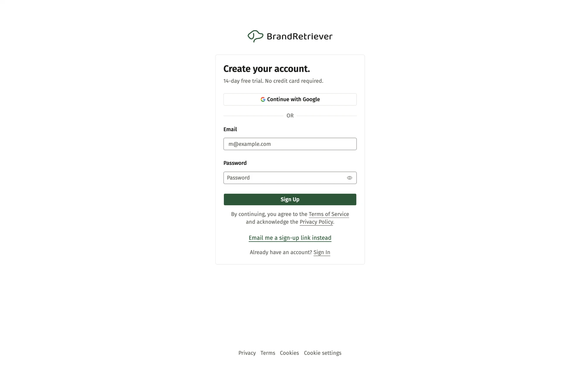 The BrandRetriever sign-up page