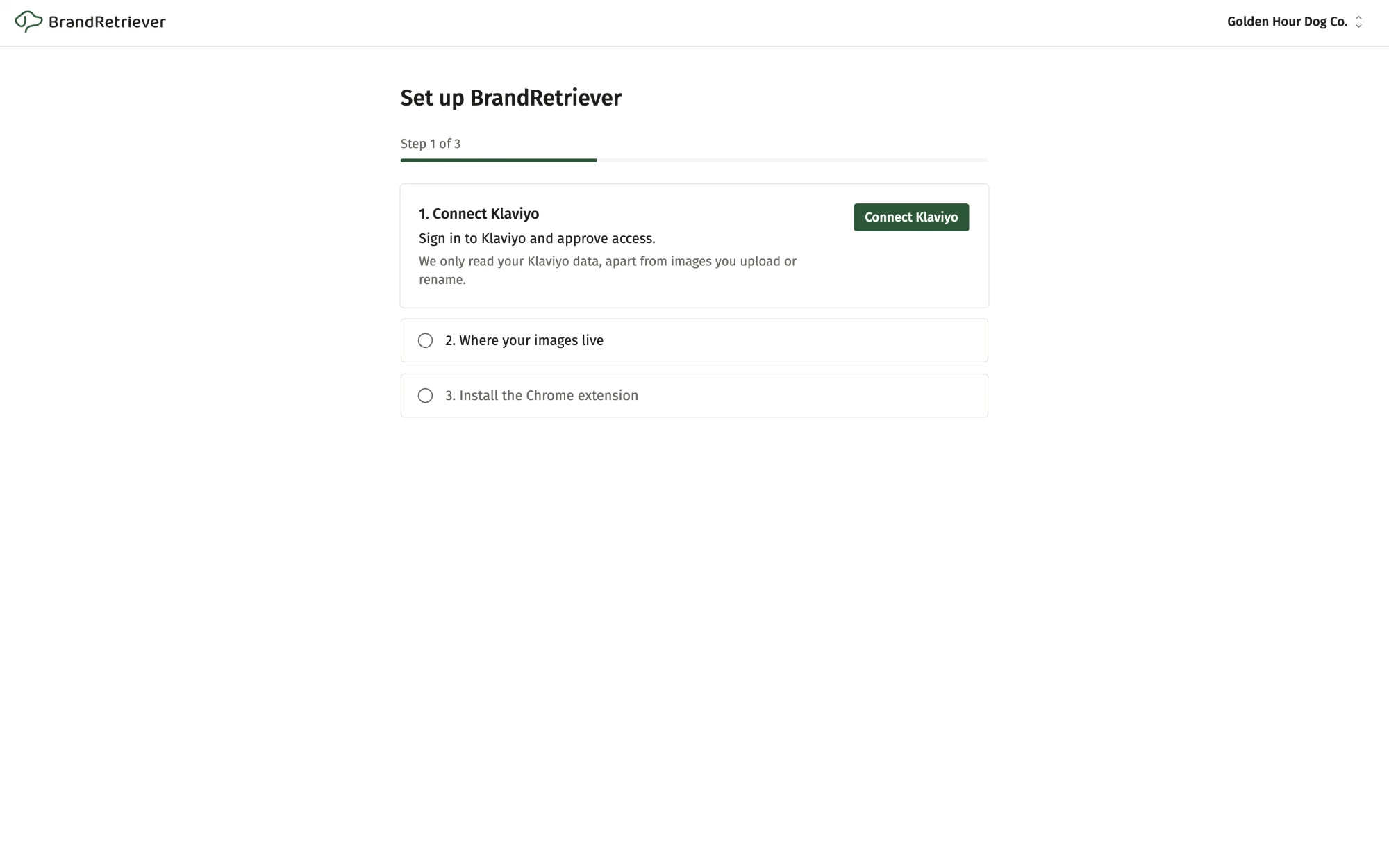 The Connect Klaviyo step of BrandRetriever setup