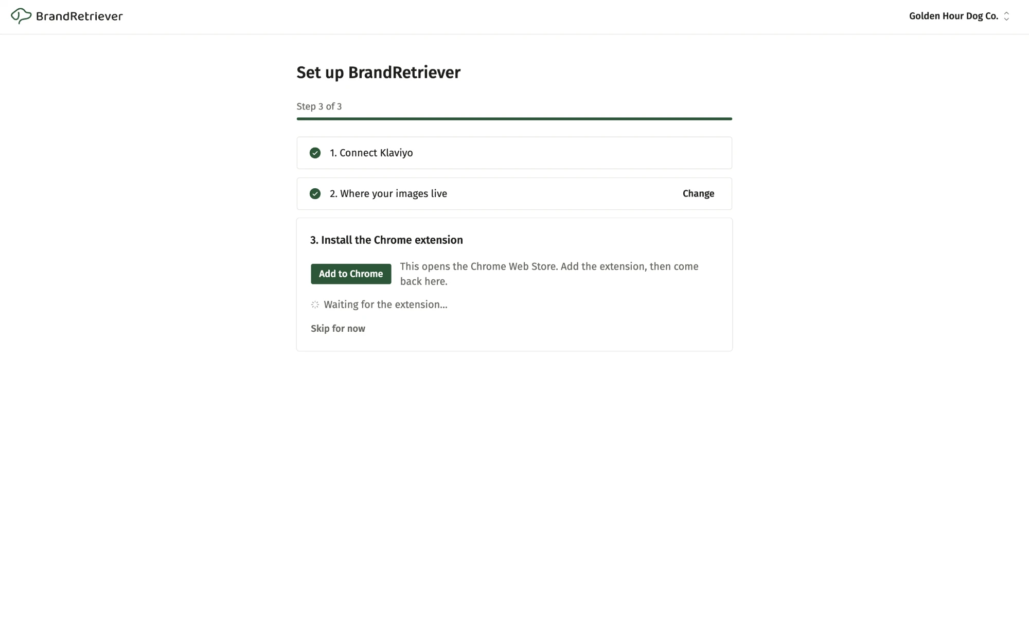 The Install the Chrome extension step of BrandRetriever setup