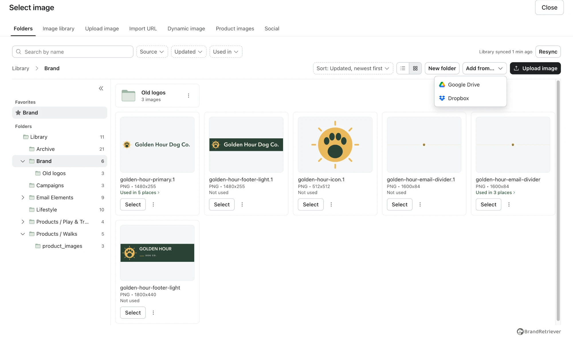 The Add from menu in the Folders tab with Google Drive and Dropbox